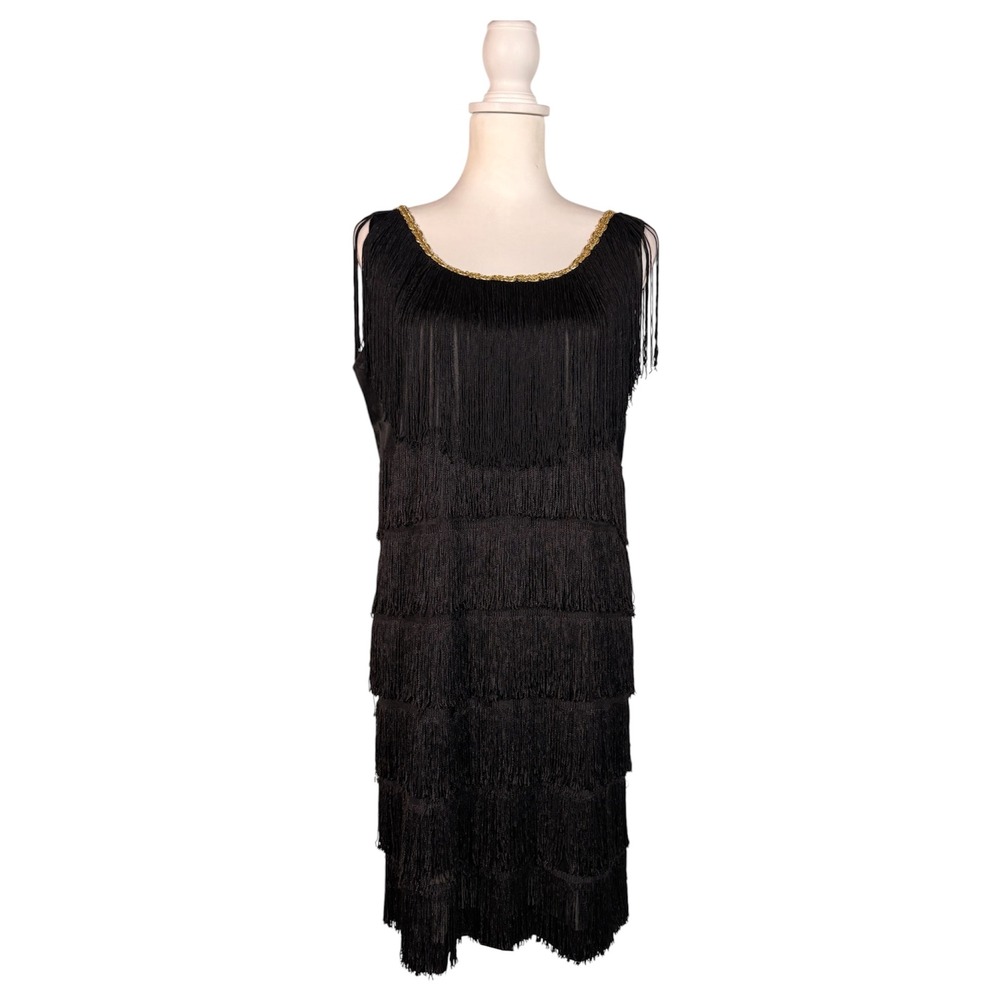 Vintage 80s Flapper Dress M Black Fringe Party Costume Theater Great Gatsby